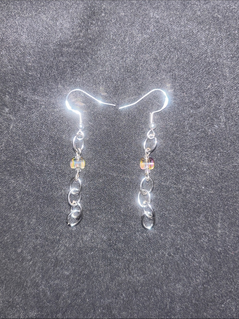 Silver Drop Chain Earrings with Multicolor Accent Bead